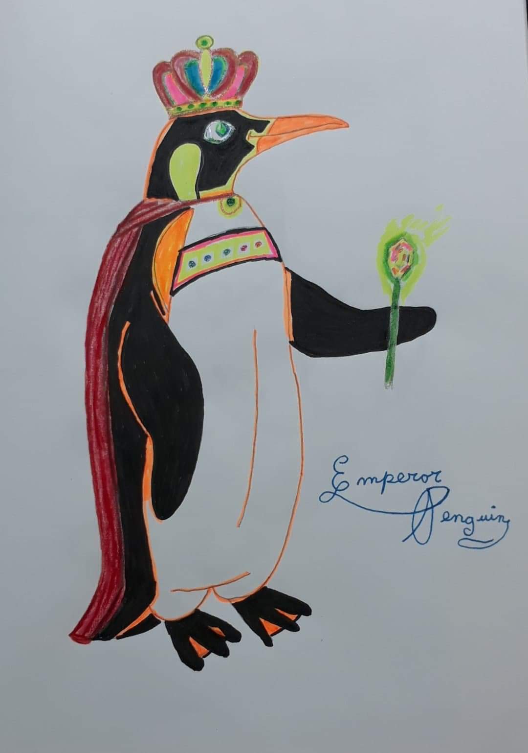 Emperor penguin drawing wearing a crown and holding a scepter.