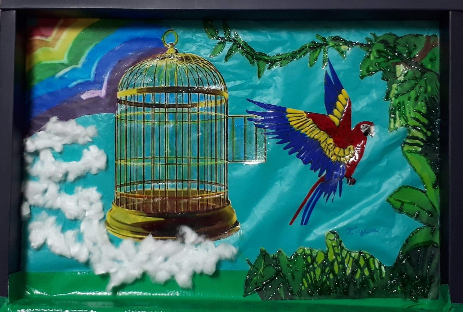 Colorful macaw artwork showing a bird leaving a cage.