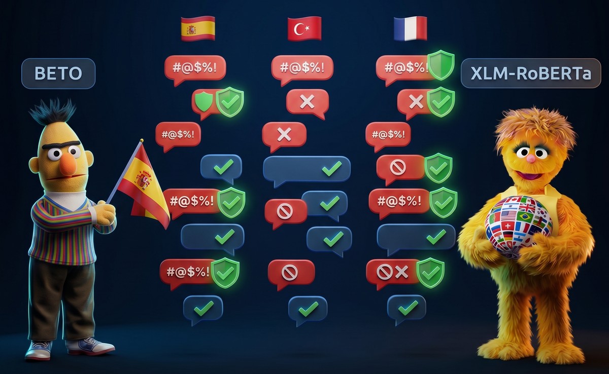 Illustration: the Spanish-only BETO model (left) and the multilingual XLM-RoBERTa model (right) moderating toxic social-media comments across Spanish, Turkish and French.